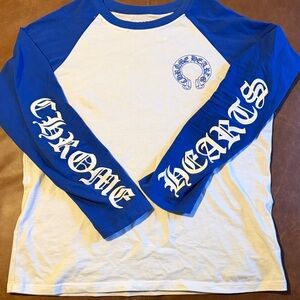 Chrome Hearts White and Blue Raglan Long Sleeve Tee with Sleeve Script